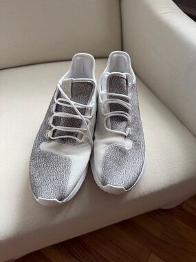 adidas White and Light Gray Knit Slip-On Sneakers